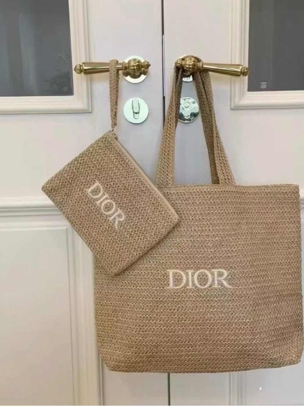 Beige Woven Tote with Matching Pouch